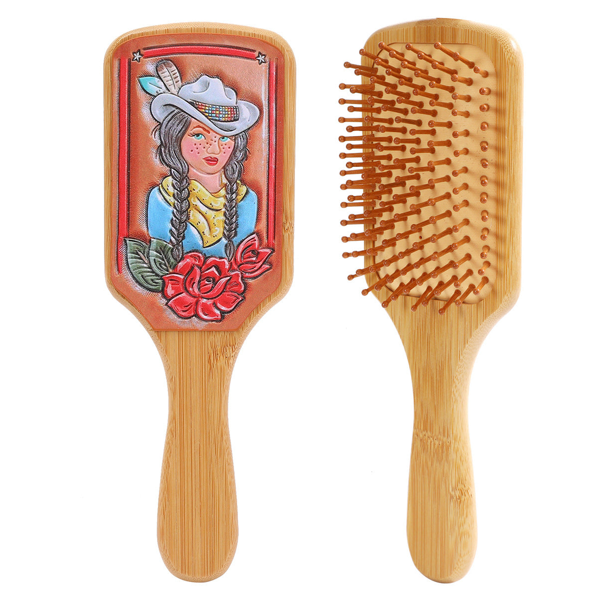 Wholesale Bamboo Real Leather Cow Retro Western Cowboy Style Air Cushion Comb Airbag Comb Meridian Massage Comb Hairdressing Comb